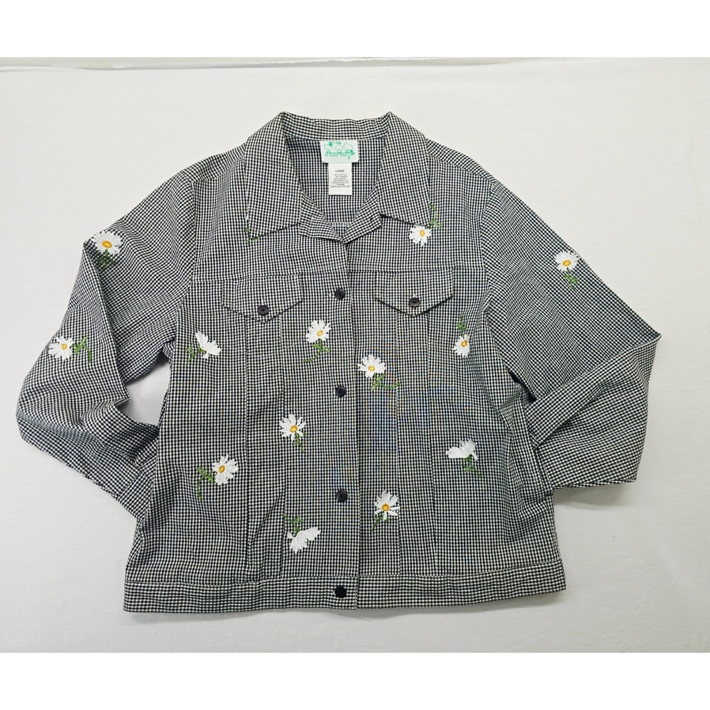 Quacker Factory Jacket Women L Black Gingham Daisy Embroidered Jean Style Cotton